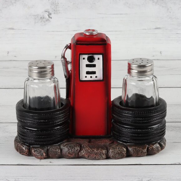 Old Fashioned Gas Station Pump Salt & Pepper Shaker Holder Set - Picture 3 of 5